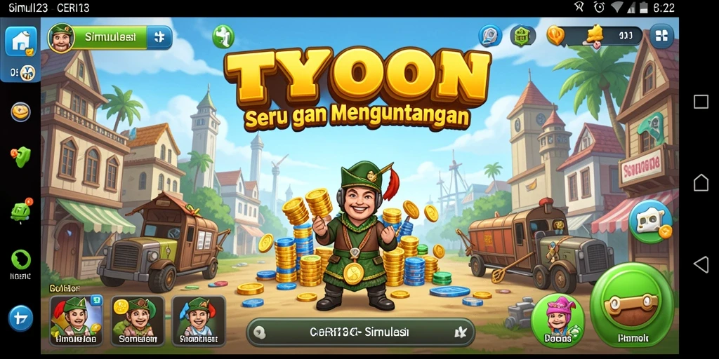 Tampilan gameplay CERI123 yang menampilkan aktivitas bisnis yang dinamis.