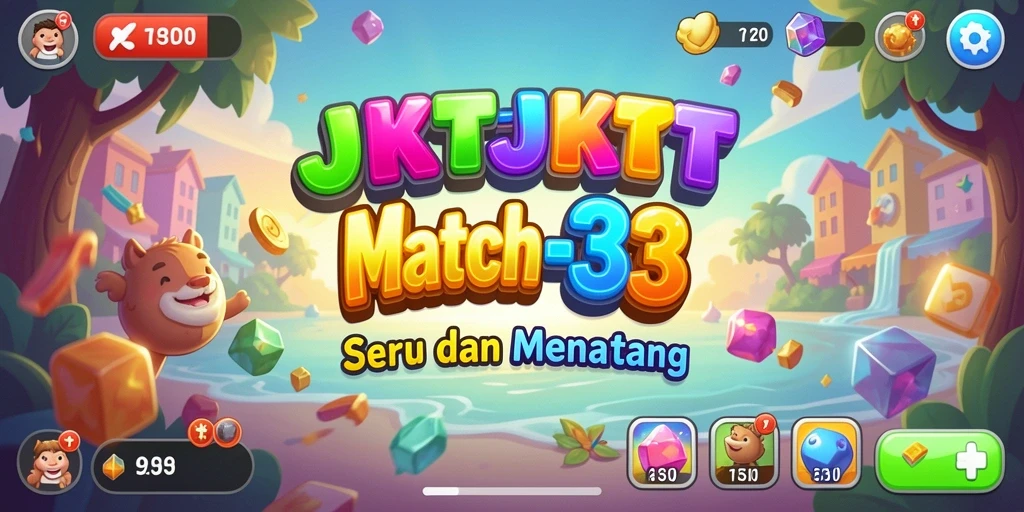 Tampilan gameplay JKTJKT dengan berbagai warna cerah dan tantangan Match-3.