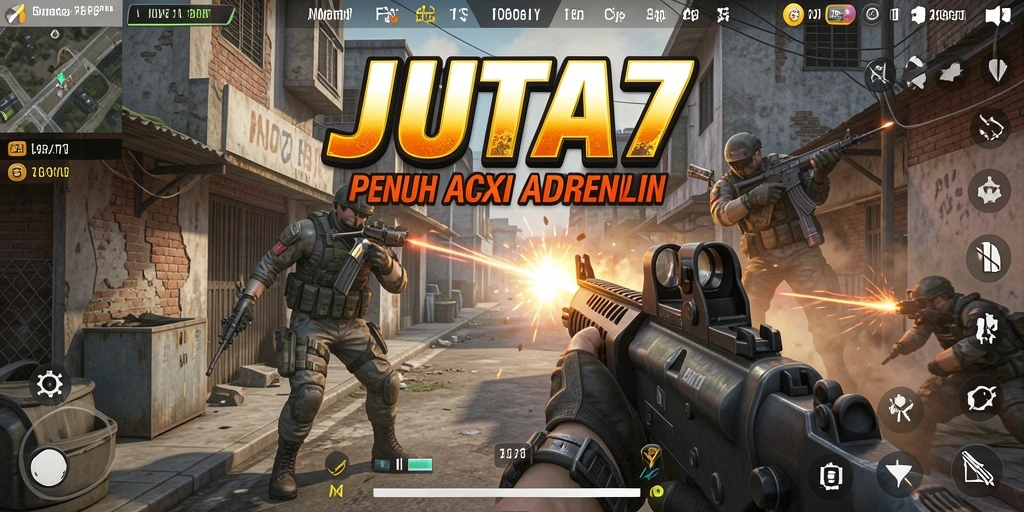 Screenshot utama JUTA7 menampilkan aksi seru dalam pertarungan FPS.