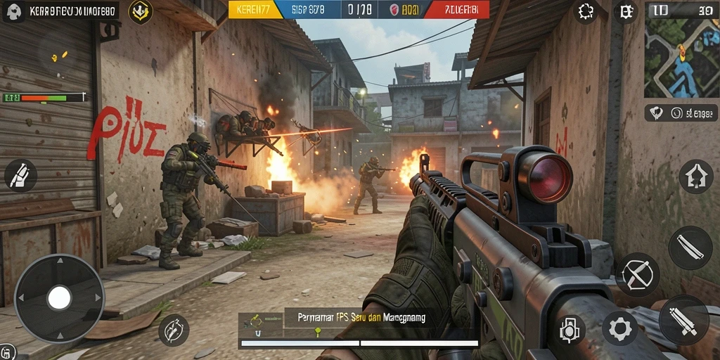 Tangkapan layar dari gameplay seru KEREN77 dengan aksi tembak-tembakan.