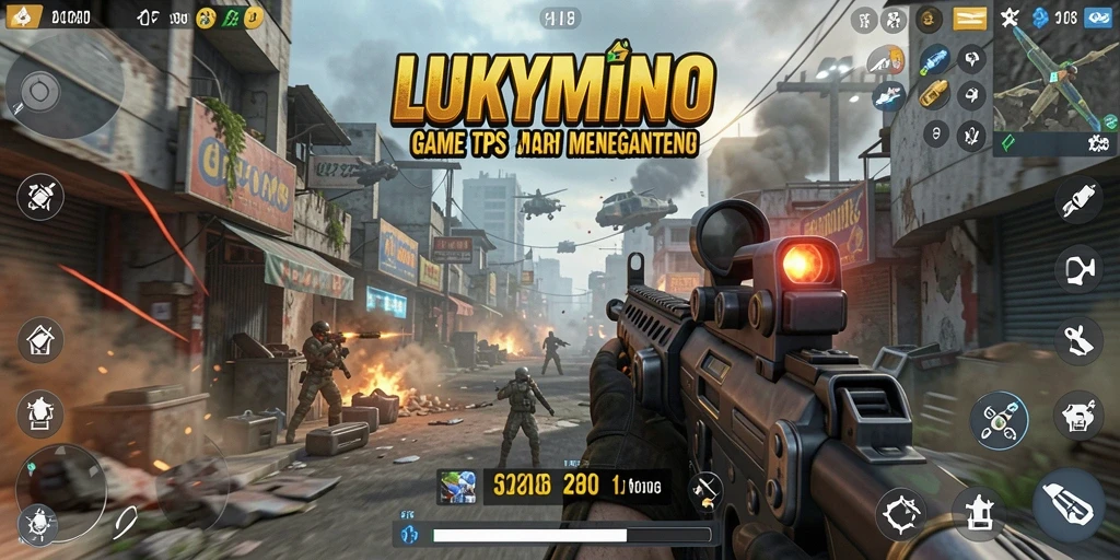 Tangkapan layar utama LUKYMINO menunjukkan aksi menegangkan dalam gameplay TPS.