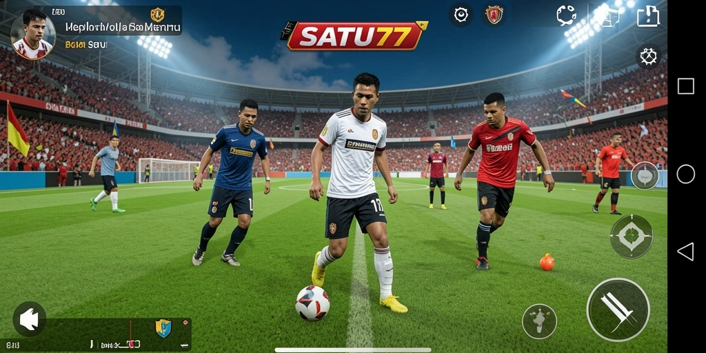 Screenshot utama SATU77 menampilkan aksi pertandingan sepak bola yang menegangkan.